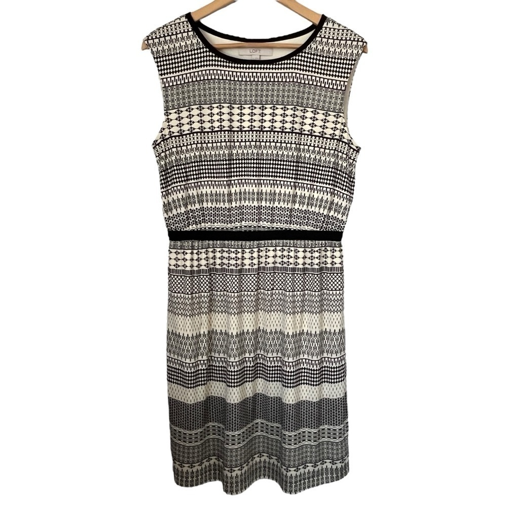 Loft Black & Cream Geometric Patterned Sleeveless Knit Dress Size Medium